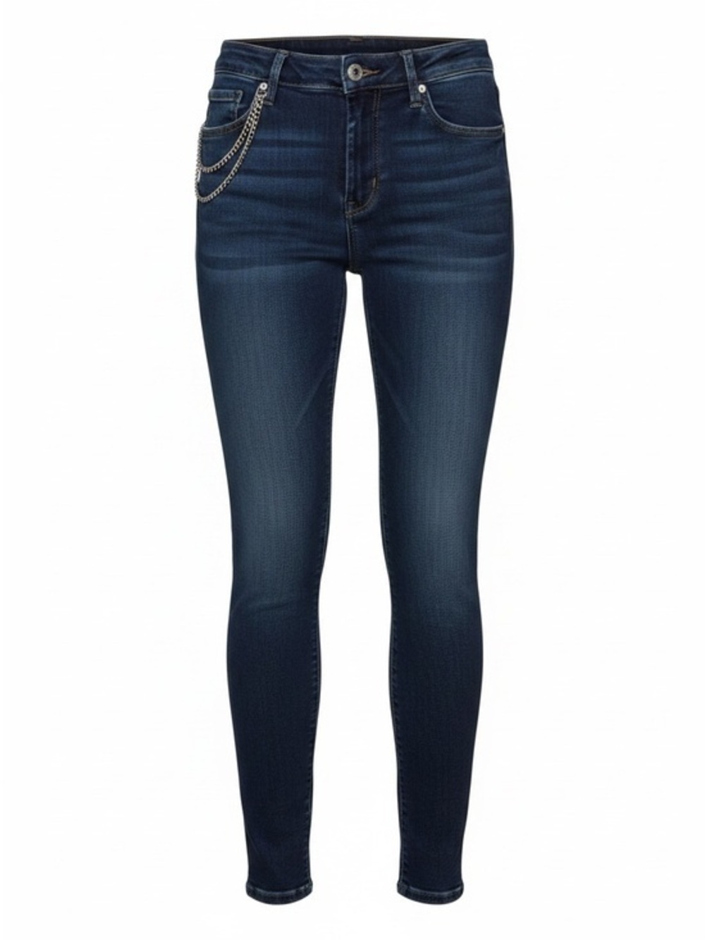 High-Rise Dark Wash Skinny Jeans with Silver Chain Accent